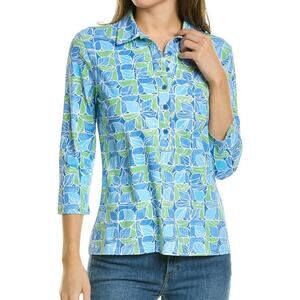 J. McLaughlin Blue and Light Green Patterned Cotton Polo Blouse